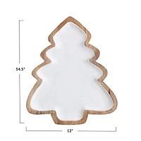 Hello Honey® 14.5" White & Natural Enameled Mango Wood Christmas Tree Shaped Tray