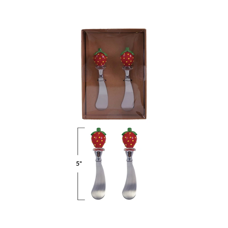 Hello Honey 2-Piece Stainless Steel Canape Knives with Glass Strawberry Shaped Handles, Red and Green