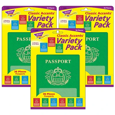 TREND Enterprises® Passports Classic Accents® Variety Pack, 3 Packs of 36
