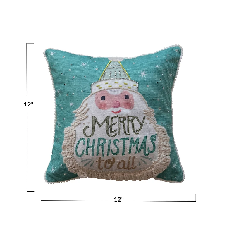Hello Honey® 12" x 12" Square Merry Christmas to All Cotton Blend Printed Pillow with Embroidered Santa, Fringe & Pom Pom Trim