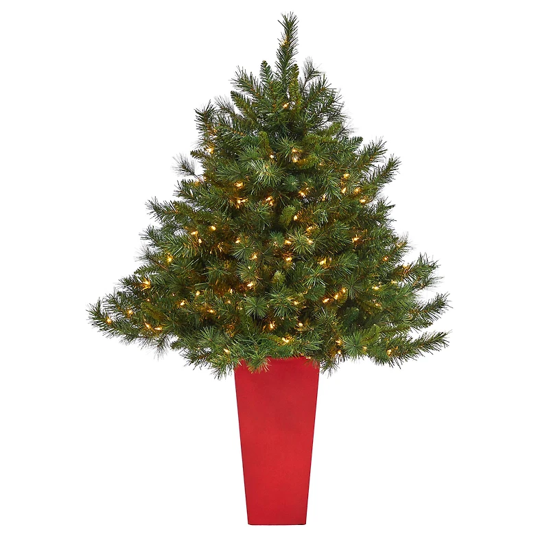 4.5ft. Pre-Lit Wyoming Mixed Pine Artificial Christmas Tree in Red Tower Planter, Clear Lights