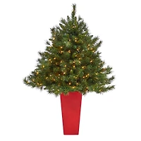 4.5ft. Pre-Lit Wyoming Mixed Pine Artificial Christmas Tree in Red Tower Planter, Clear Lights