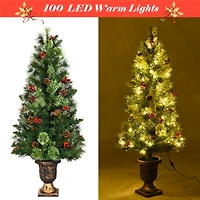 Costway 5ft Pre-Lit Entrance Fir Artificial Christmas Tree in Gold Urn Planter, Warm White LED Lights