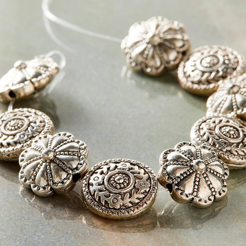 12 Pack:  Silver Plated Flower Scroll Lentil Beads, 14mm by Bead Landing™