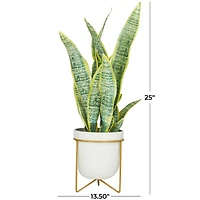 The Novogratz 25" Green Snake Faux Foliage Artificial Plant with White Porcelain Pot and Gold Stand