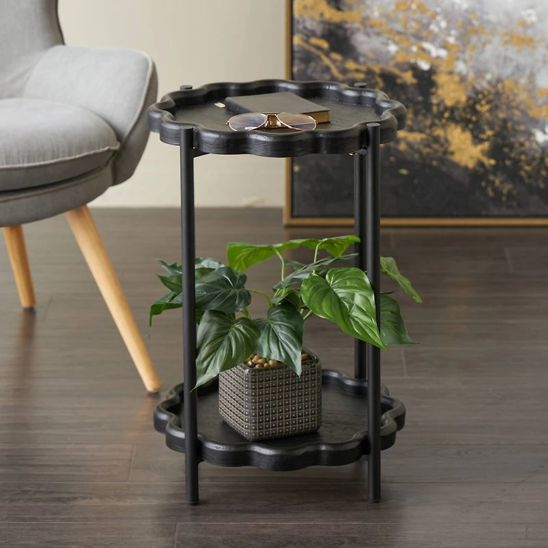 23.75" Black Wood Floral Inspired 2-Level Side End Accent Table with Metal Legs