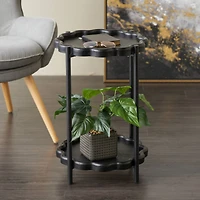 23.75" Black Wood Floral Inspired 2-Level Side End Accent Table with Metal Legs