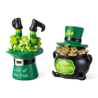 Glitzhome® Set of 2 St. Patrick's Resin Pot of Gold & Leprechaun Hat Table Decor