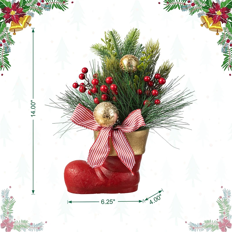 Glitzhome® 14" Christmas Red Boot with Pine Needle & Berry Centerpiece