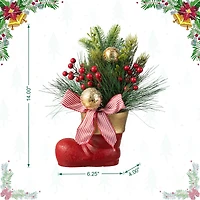 Glitzhome® 14" Christmas Red Boot with Pine Needle & Berry Centerpiece