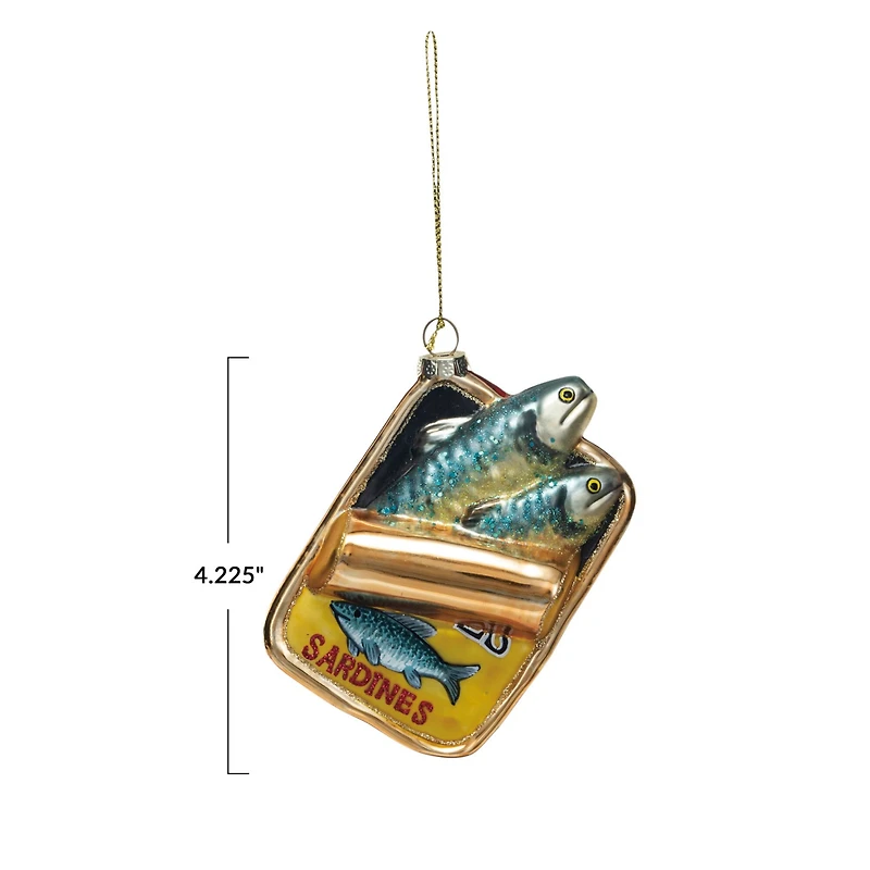 Hello Honey® 4.25" Hand-Painted Glass Sardines in Can Ornament with Glitter