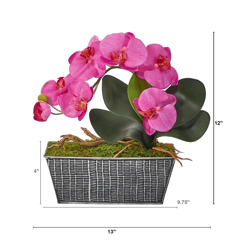 13" Phalaenopsis Orchid Artificial Arrangement in Embossed Tin Vase