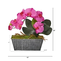 13" Phalaenopsis Orchid Artificial Arrangement in Embossed Tin Vase