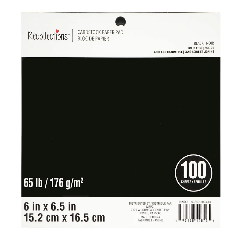 6" x 6.5" Black 65lb. Cardstock Paper Pad by Recollections™, 100 Sheets