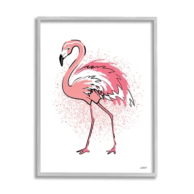 Stupell Industries Pink Splatter Flamingo Feathers Tropical Bird in Gray Frame Wall Art