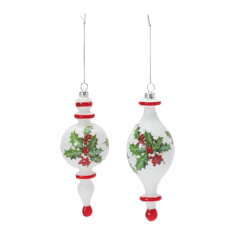 6ct. Holly Glass Finial Drop Ornament Set