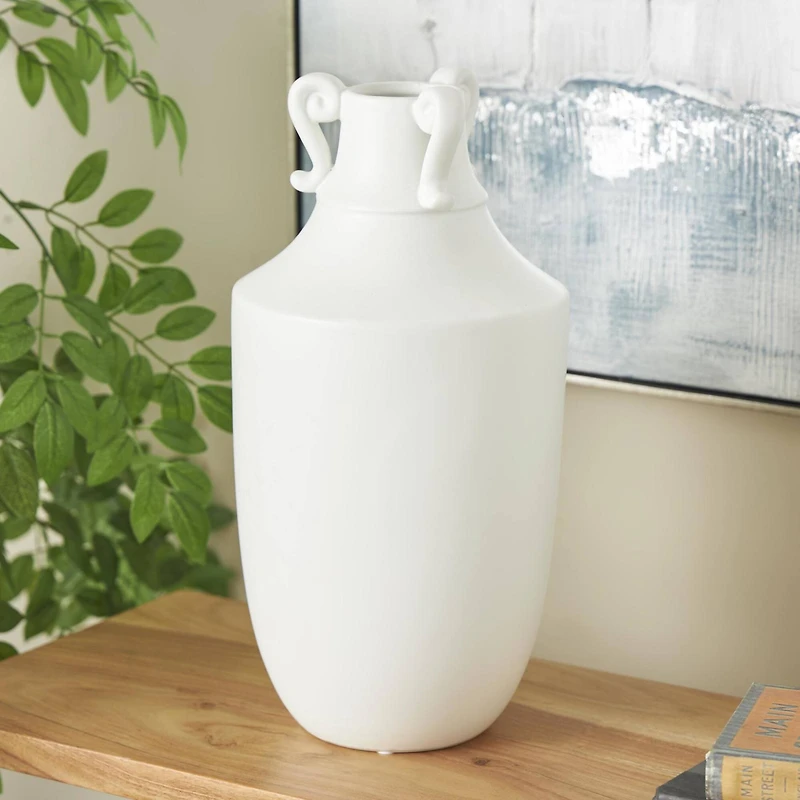 15.75" White Ceramic Sleek Amphora Vase with Scroll Handles