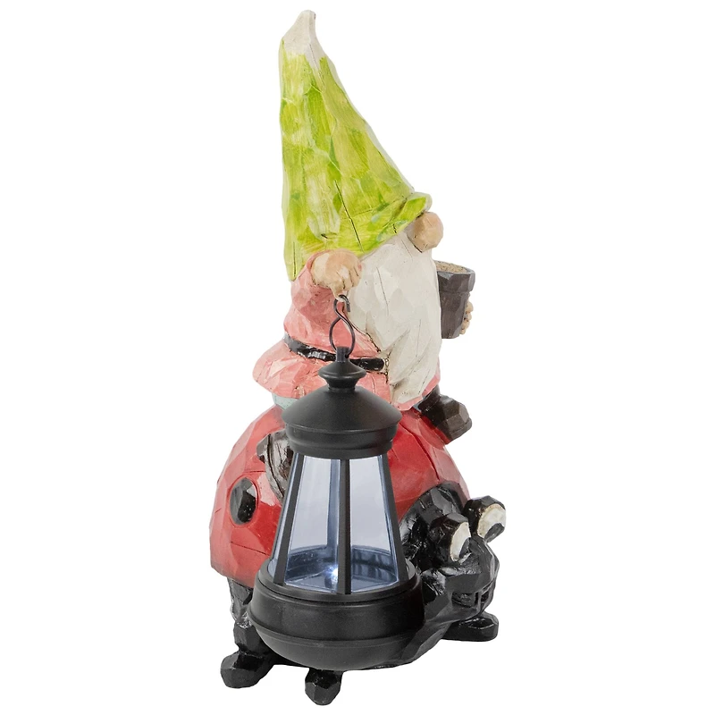 12.25" Solar LED-Lit Gnome & Ladybug Outdoor Garden Statue