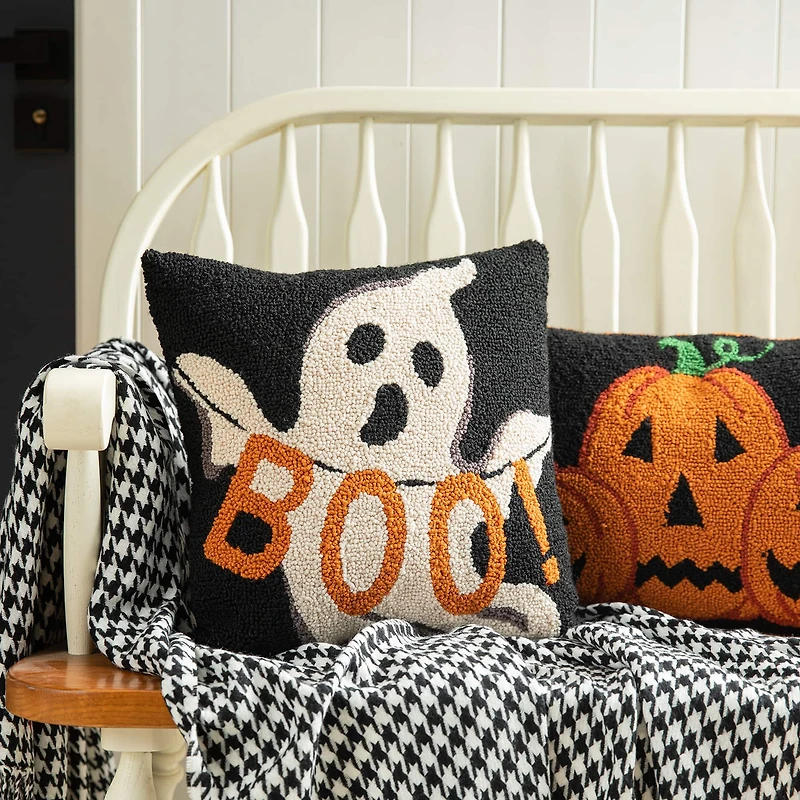 Glitzhome® 14" Hooked Halloween Ghost "BOO" Pillow