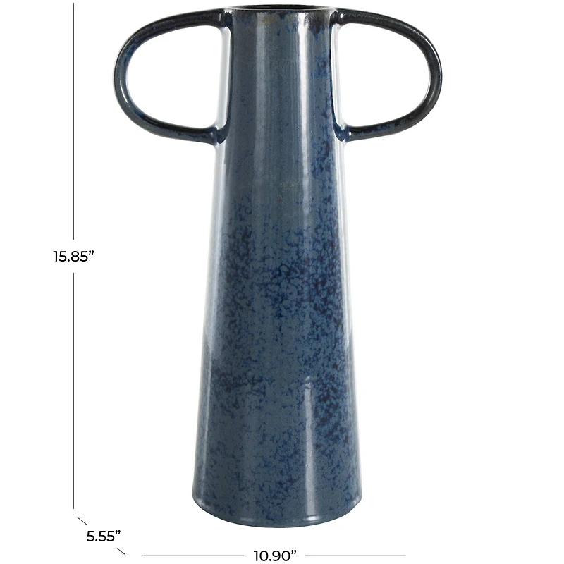 16" Dark Blue Ceramic Textured Cone Vase with Curved Handles
