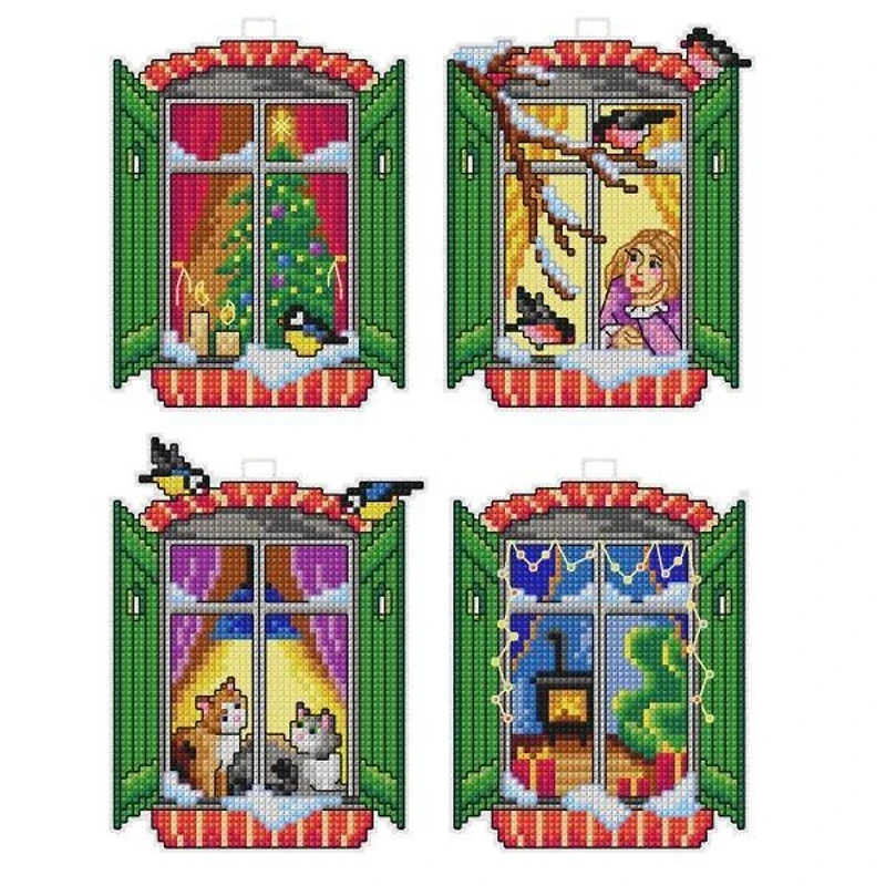 Orchidea Plastic Canvas Counted Cross Stitch Kit With Plastic Canvas Winter Windows Set of 4 Designs