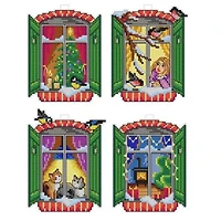 Orchidea Plastic Canvas Counted Cross Stitch Kit With Plastic Canvas Winter Windows Set of 4 Designs