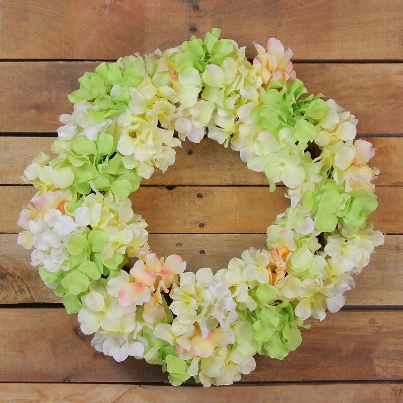 15" Yellow, Green & Pink Hydrangea Flower Artificial Spring Wreath