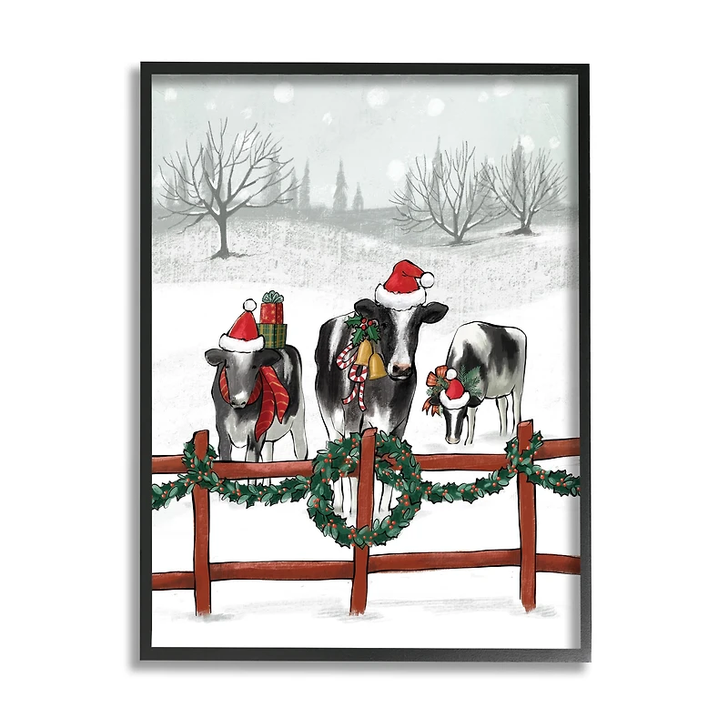 Stupell Industries Holiday Cows Farmland Fence Framed Giclee Art