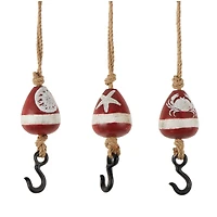 Red Wood Buoy Wall Hook with Jute Rope and Metal Hook Set