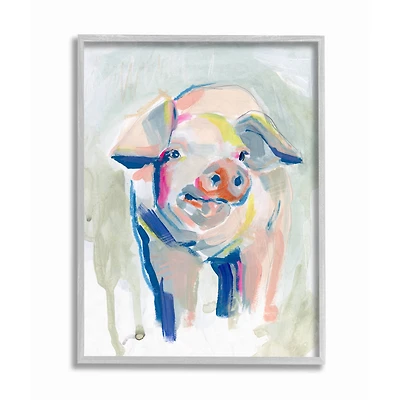 Stupell Industries Colorful Pig Farm Animal Painting Gray Framed Wall Art