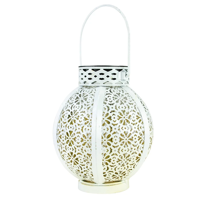 7" White Integrated Floral Pattern Outdoor Solar Lantern with Handle