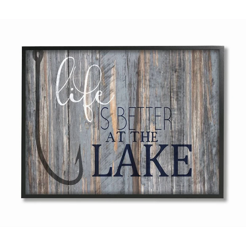 Stupell Industries Life Better Lake Quote Fish Lakehouse Cabin Nautical Phrase Framed Wall Art