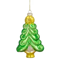 5" Pearl & Glitter Green & Gold Glass Christmas Tree Hanging Ornament