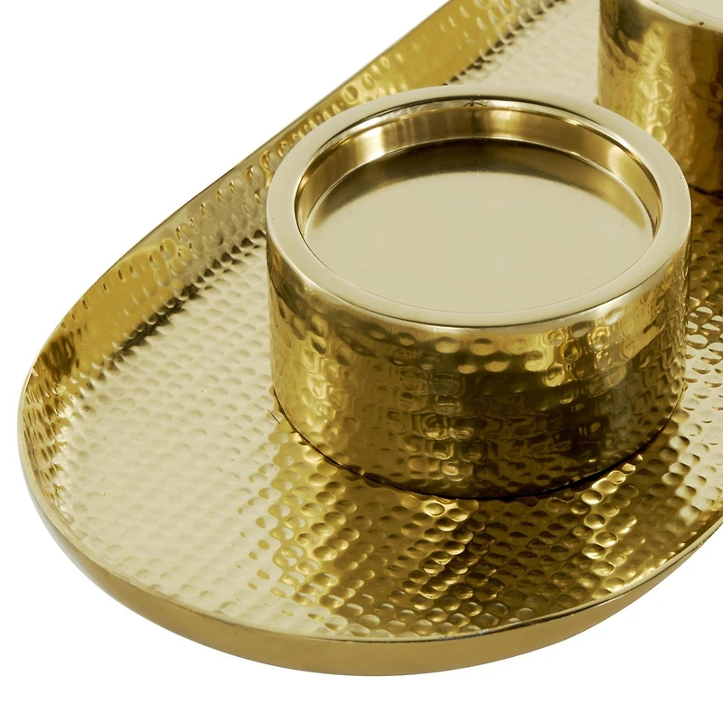 16" Gold Stainless Steel Metal Hammered Candle Holder with Oval Tray Plate