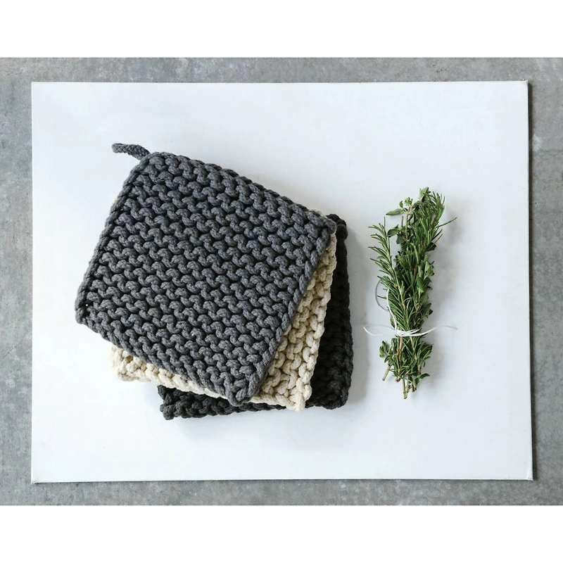 Hello Honey® 8" Black, Gray & Cream Square Cotton Crocheted Pot Holder Set