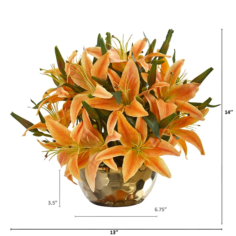 14" Lily Arrangement in Gold Vase