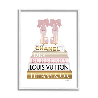 Stupell Industries Pink Gold Heels Bookstack Glam Fashion Design Framed Wall Art