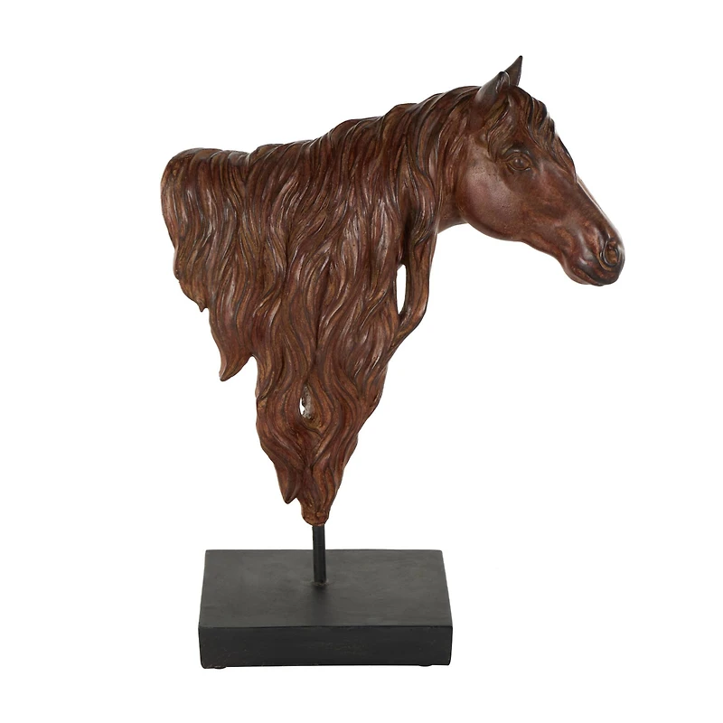 14" Dark Brown Ceramic Horse Head Sculpture with Black Rectangle Base