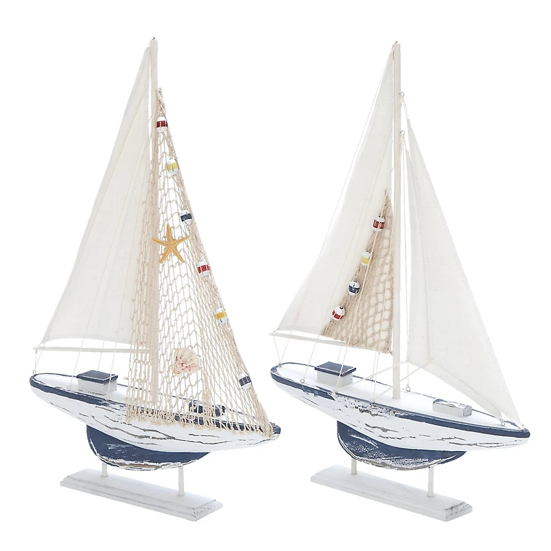 White Wood Coastal Sail Boat Sculpture Set