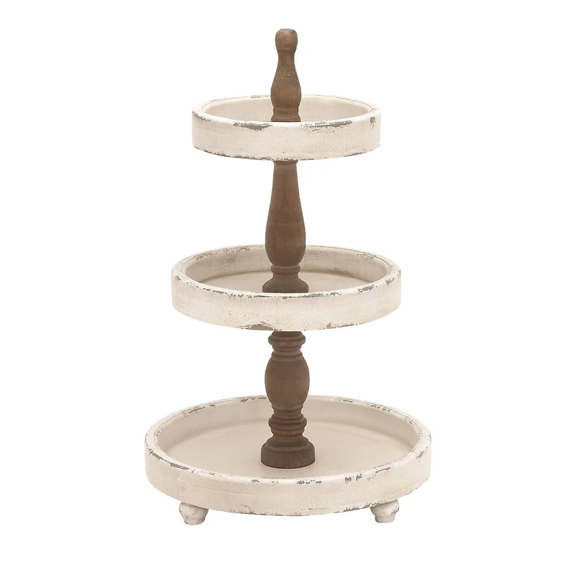 25" White Farmhouse Wood 3-Tier Tray Stand