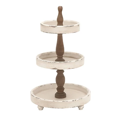 25" White Farmhouse Wood 3-Tier Tray Stand