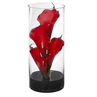 12" Medium Red Calla Lily Arrangement in Cylinder Glass Vase