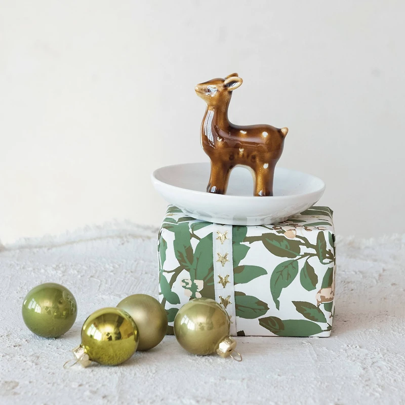 Hello Honey® 4.25" White & Brown Decorative Stoneware Dish with Deer & Reactive Glaze