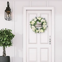 26" Artificial Peony, Hydrangea & Rose Floral Spring Wreath with Wood Welcome Sign