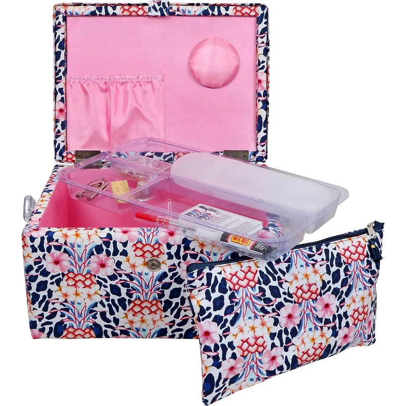SINGER® Large Tropical Animal Print Premium Sewing Basket with Travel Sewing Kit