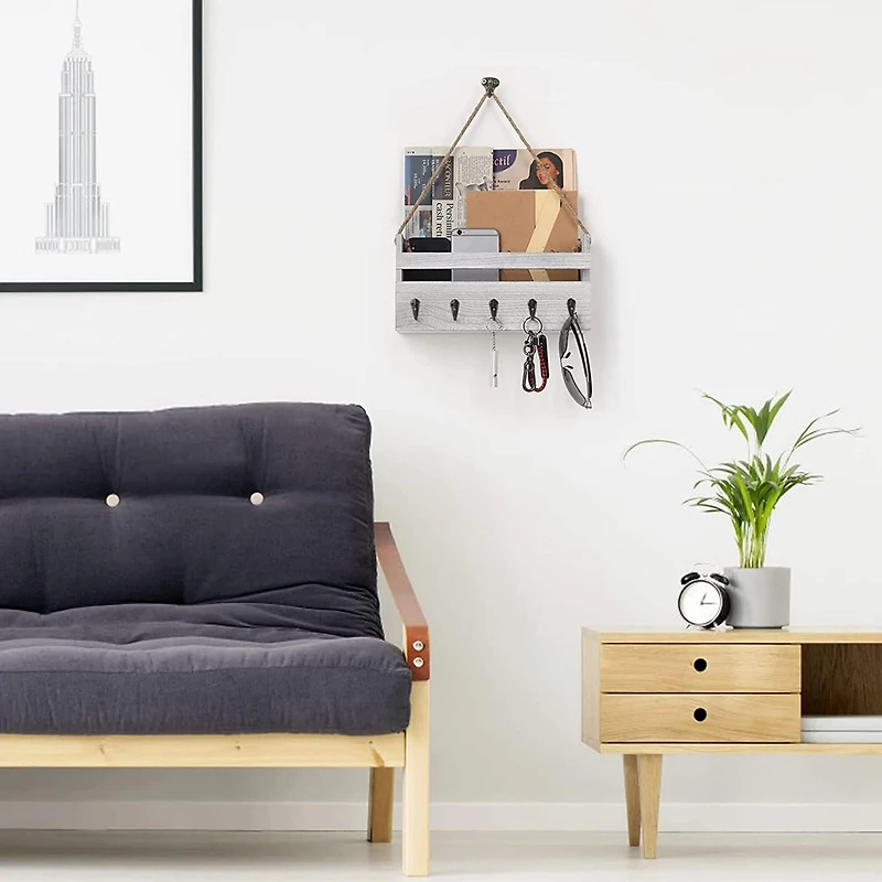 NEX™ Gray-Whitewash Hanging Wall-Mounted Mail Organizer with 5 Hooks