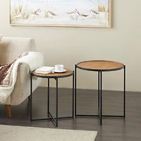 Black Metal & Woven Rattan Accent Table Set