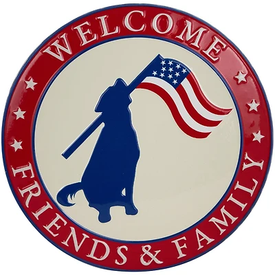 13.75" Welcome Friends & Family Patriotic Dog Metal Wall Sign