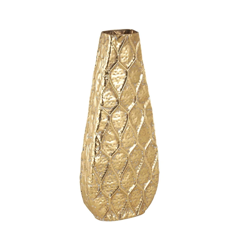 28" Gold Metal Vase with Peacock Inspired Design