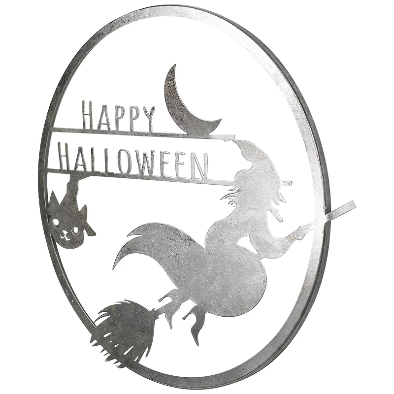 17" Silver Flying Witch Happy Halloween Wall Sign